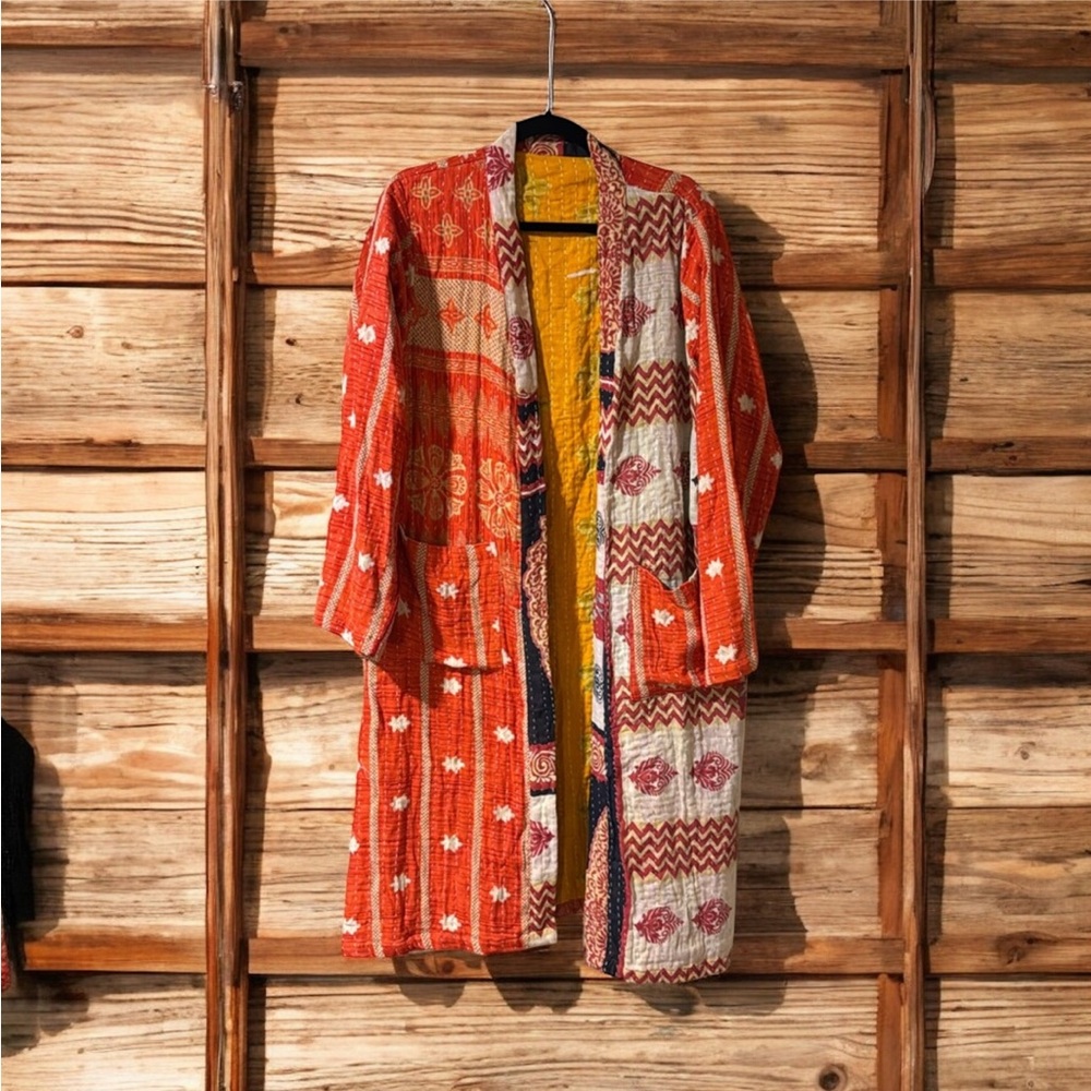 KANTHA Long Sleeve KIMONO w Pockets/reversible ITEM 29 BOHO Handmade OOAK